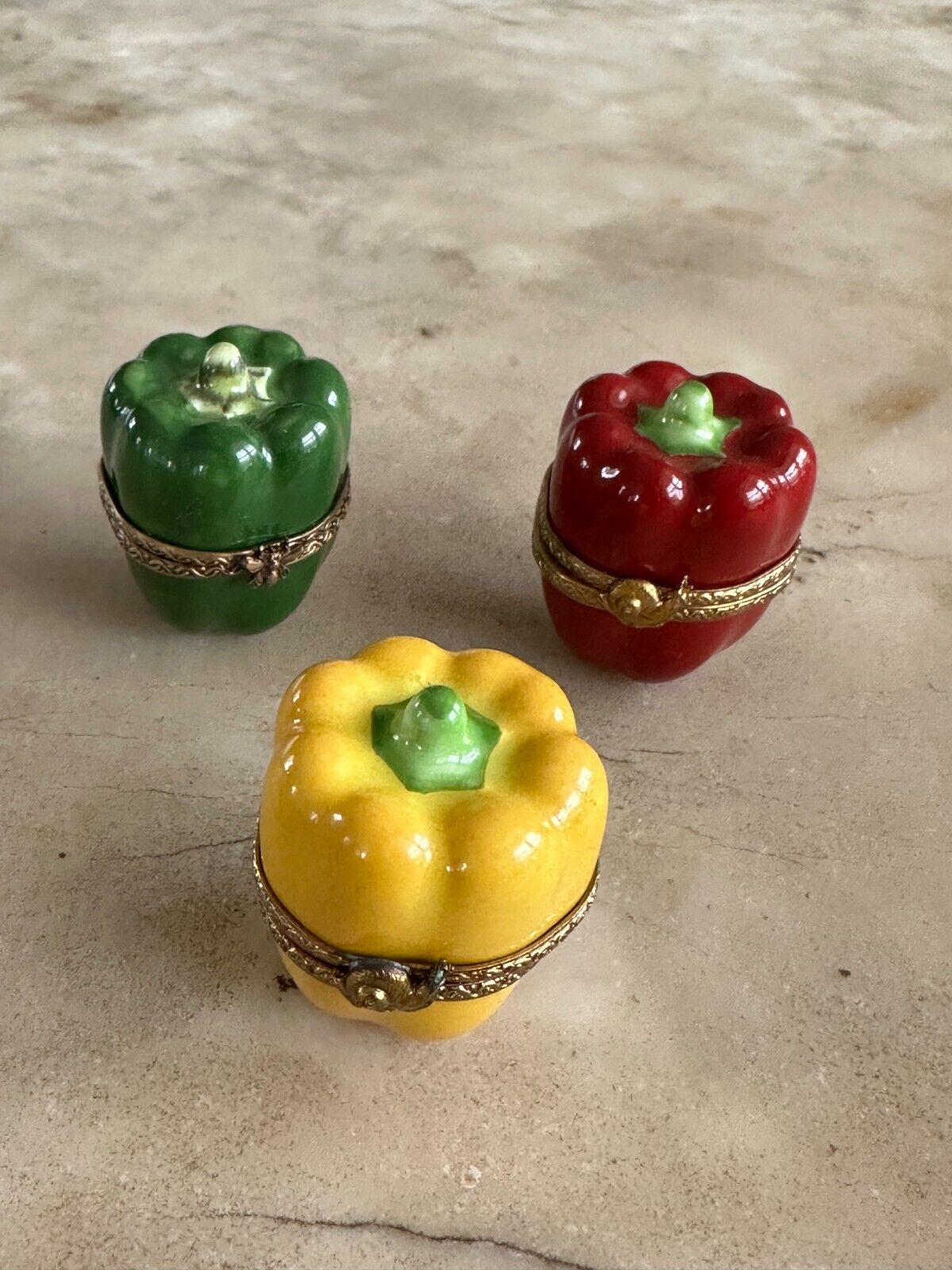 3 Limoges boxes Red Green & Yellow Peppers  France 2  ROCHARD Peint Main