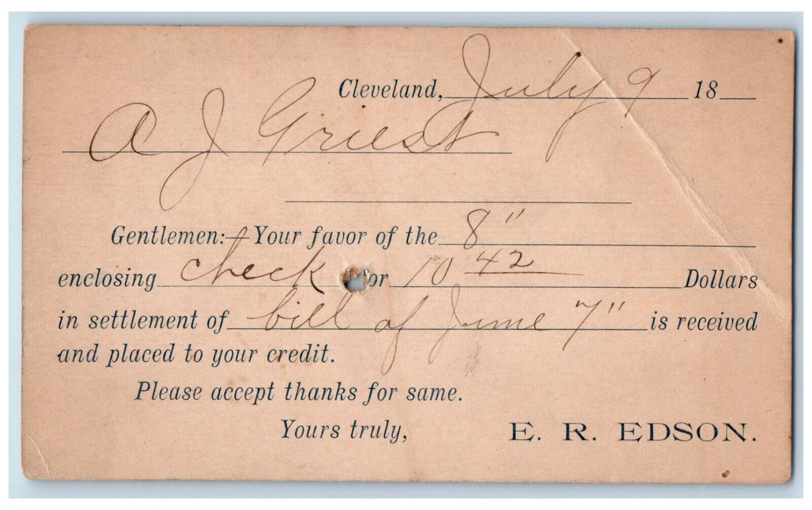 1890 AJ Griest Enclosing Check ER Edson Cleveland OH Fleming PA Postal Card