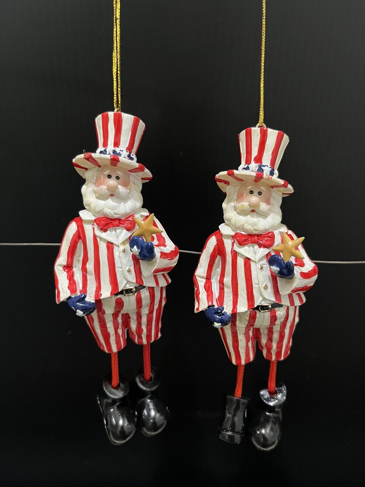 Two Uncle Sam Dangle Holiday Ornaments Patriotic U.S.A. Red White & Blue