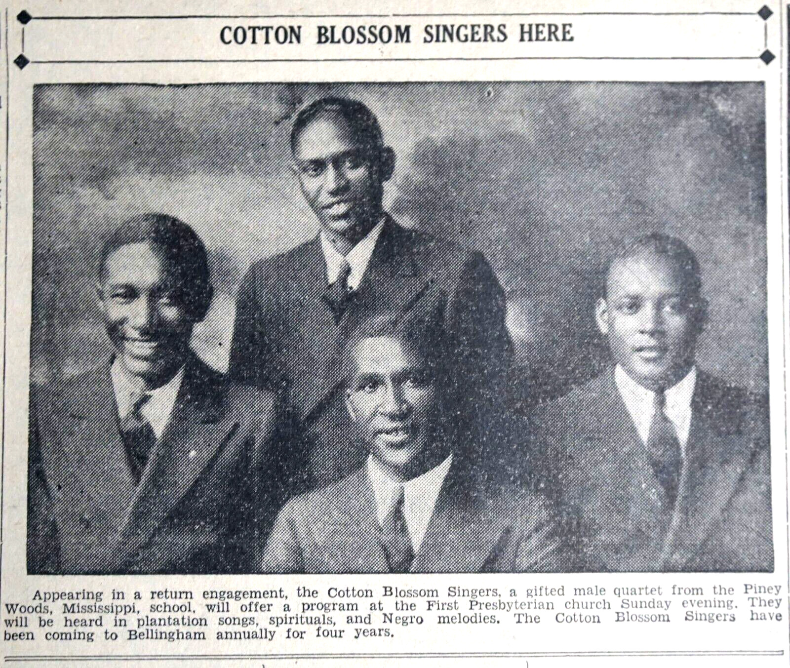 1935 Newspaper Page - African-American Piney Woods Cotton Blossom Singers