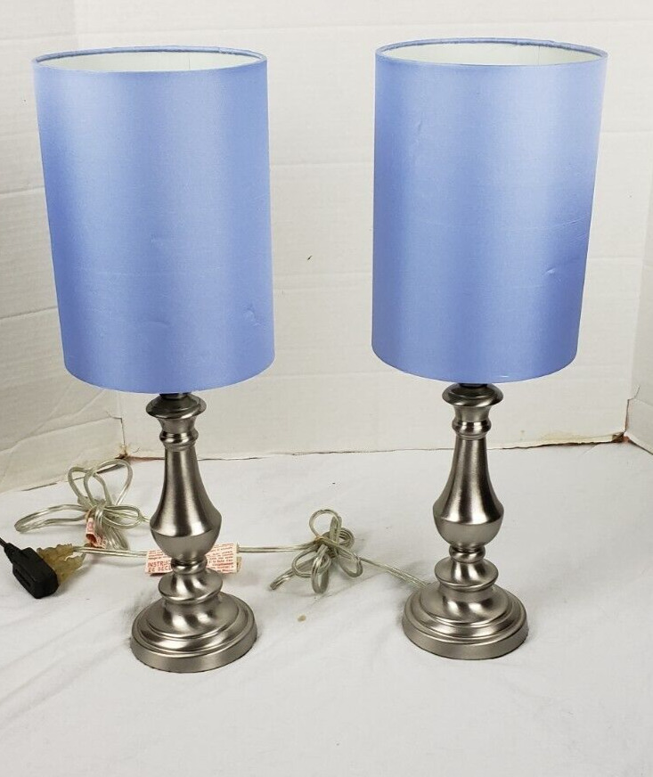 Pair of Vintage Metal Column Lamps w/Blue Shades 19.5\