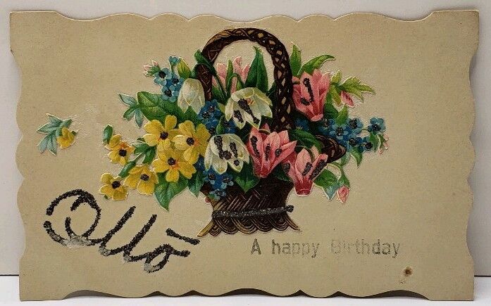 A Happy Birthday OTTO Die-Cut Flower Basket Glitter Decorated German Postcard F5