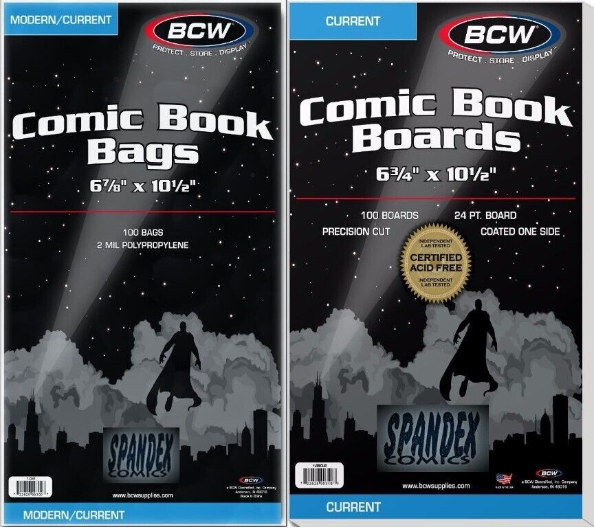 100  BCW 2-Mil Current Modern Poly Bags & Comic Boards Acid Free Safe Storage