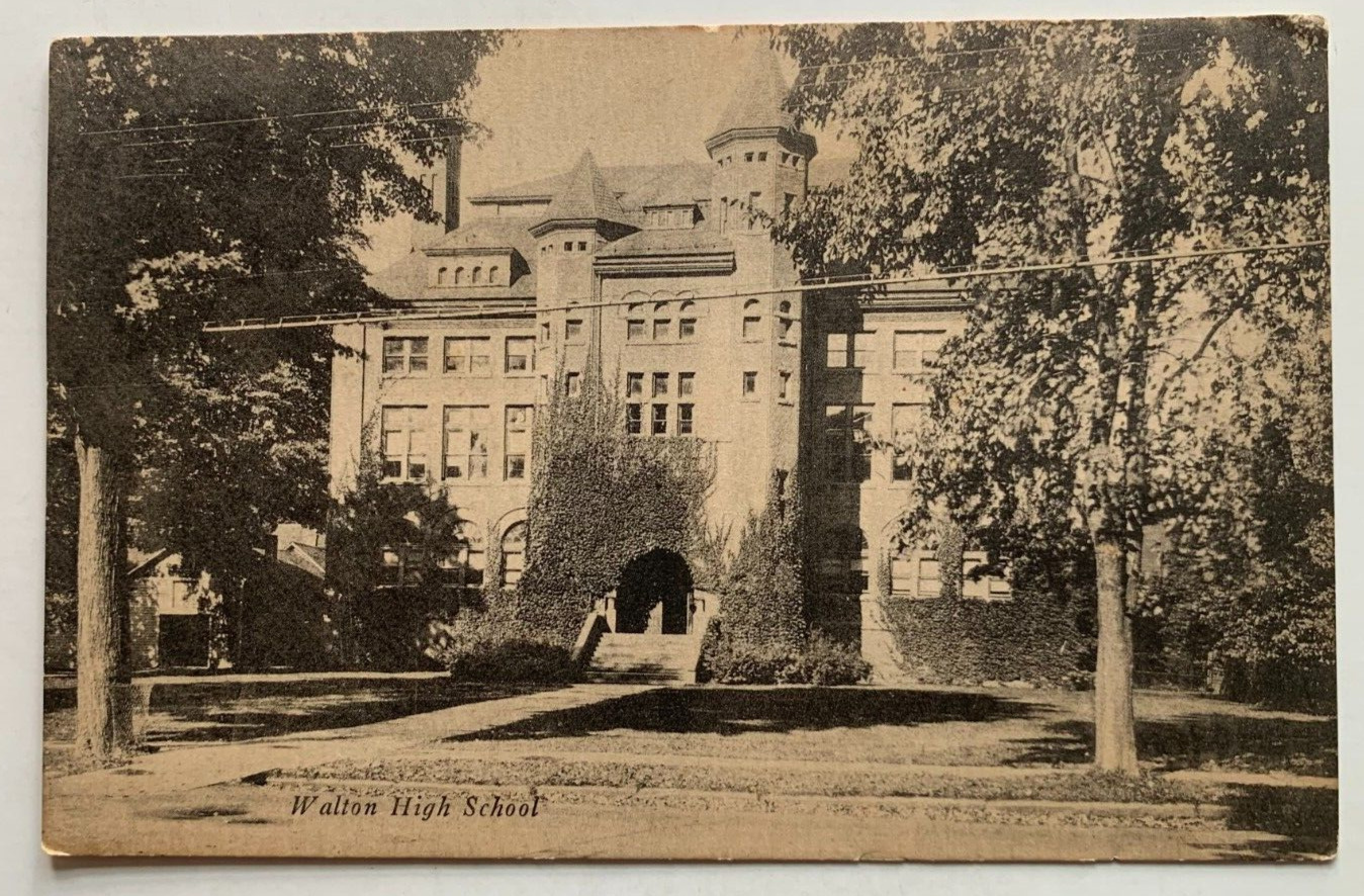 NY Postcard Walton New York High School building turrets vintage Delaware County