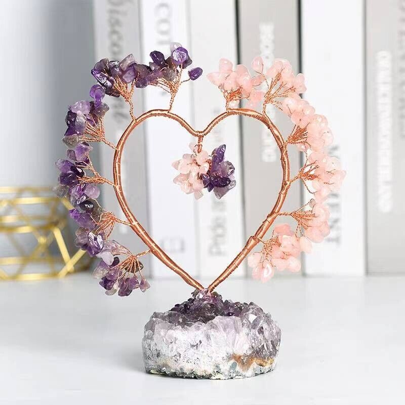 Heart-Shaped Crystal Tree with Amethyst, Rose Quartz, and Copper Wire