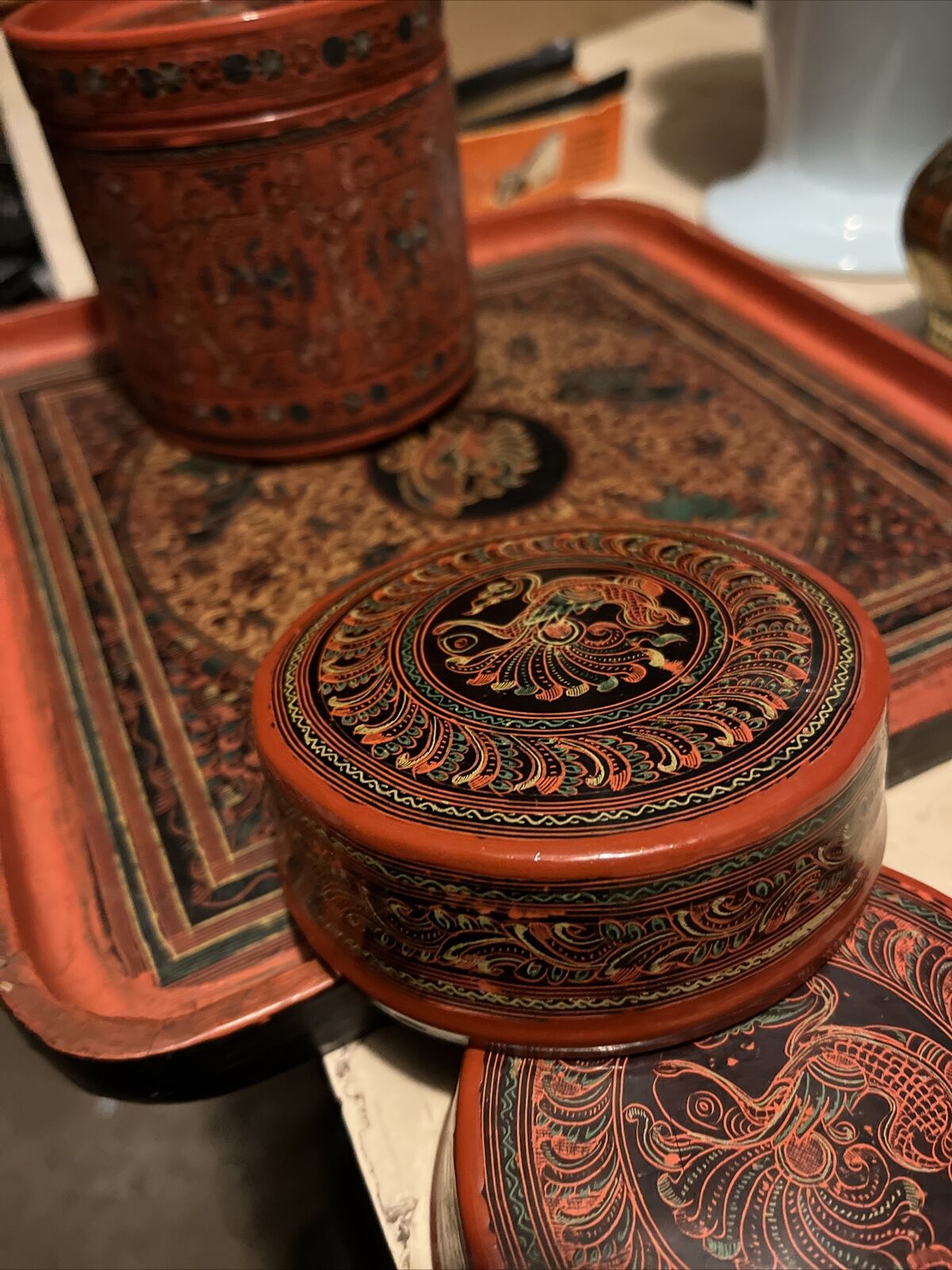 Vtg Antique Russian Round Lacquer SET 4  Pieces Peacock Rich Orange Reds