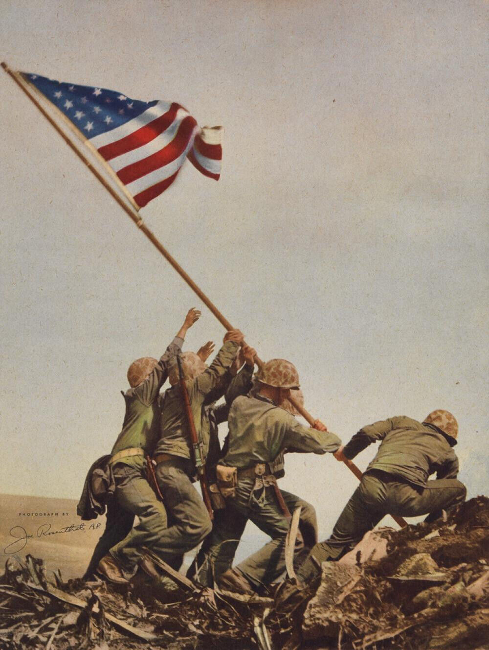 framed JOE ROSENTHAL Marines Raising the Flag on Iwo Jima tinted print c. 1946