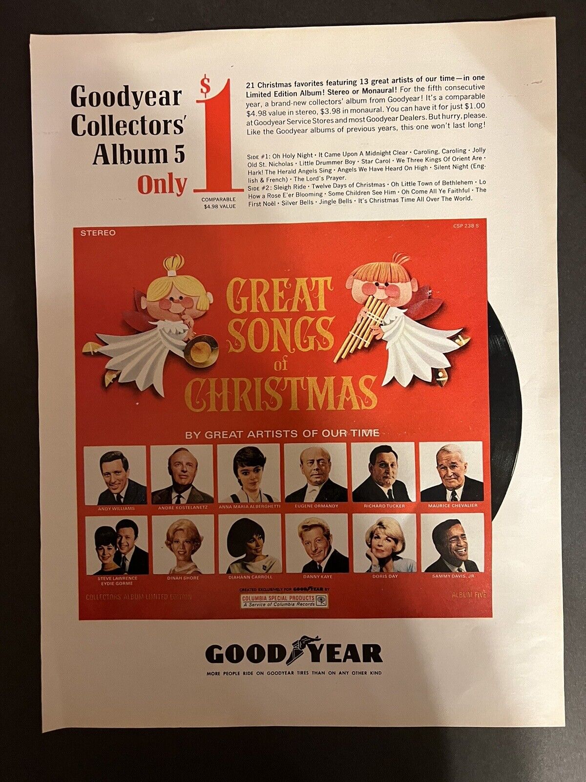 Good Year Collectors Album Great Songs of Christmas, Columbia Records 1965 Vtg