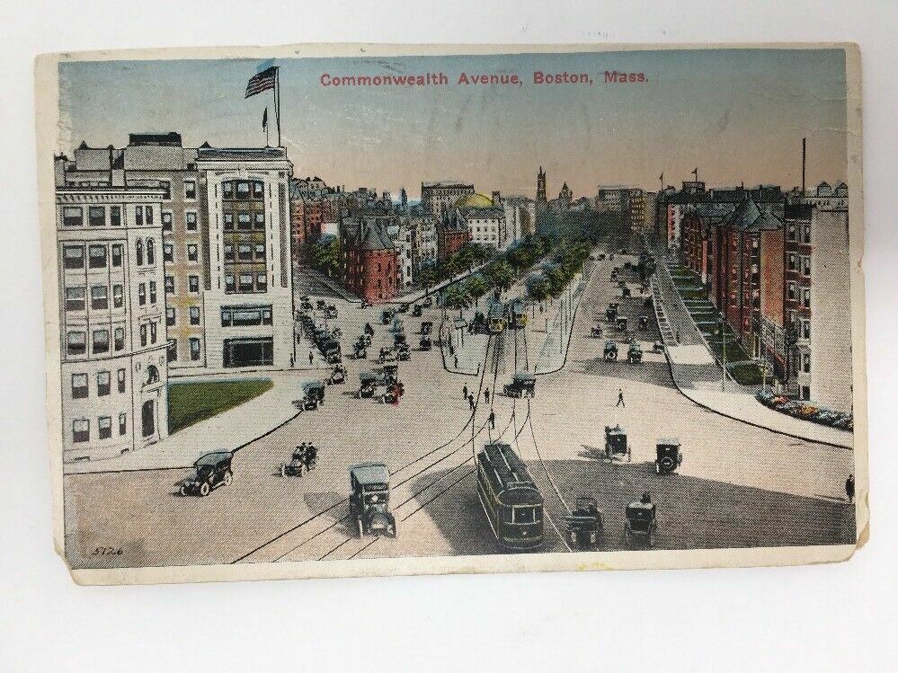 c. 1917 Boston Mass Commonwealth Avenue Street Scene Postcard Trolley Cars