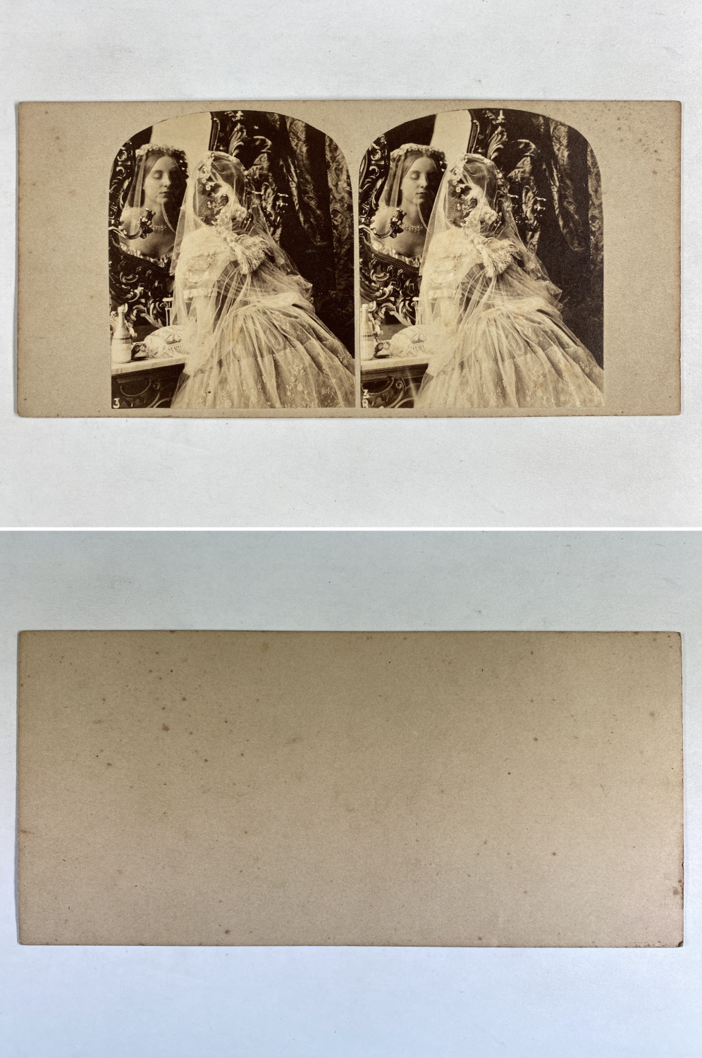 A Bride and Her Veil in the Mirror, Vintage Albumen Print, ca.1860, Stereo T