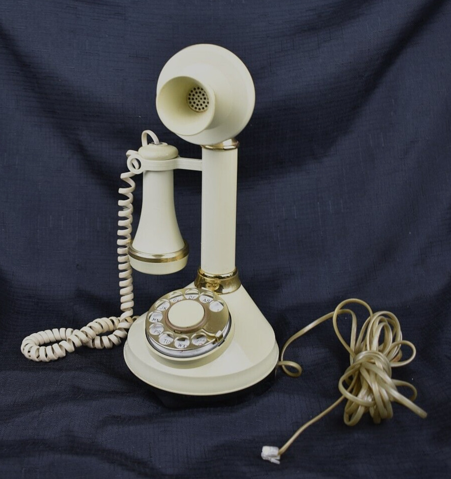 Vintage Candlestick Rotary Telephone 1973 Western Electric Cream/Gold Stand Up