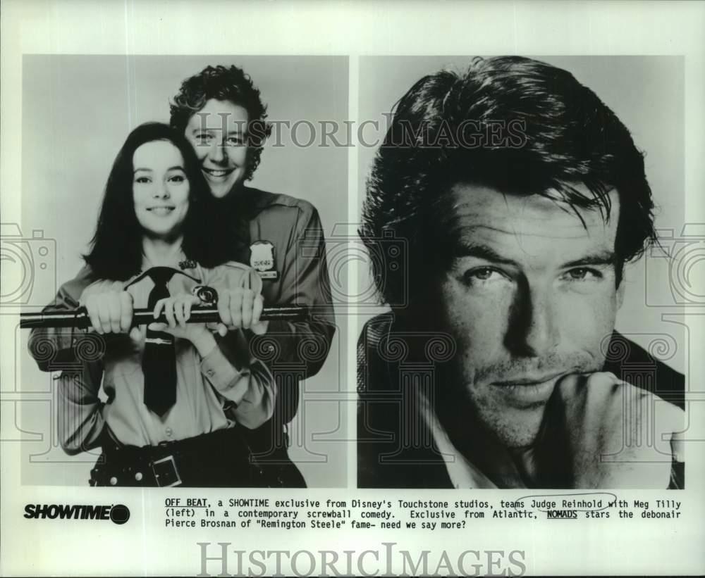 1987 Press Photo Judge Reinhold, Meg Tilly & Pierce Brosnan in \