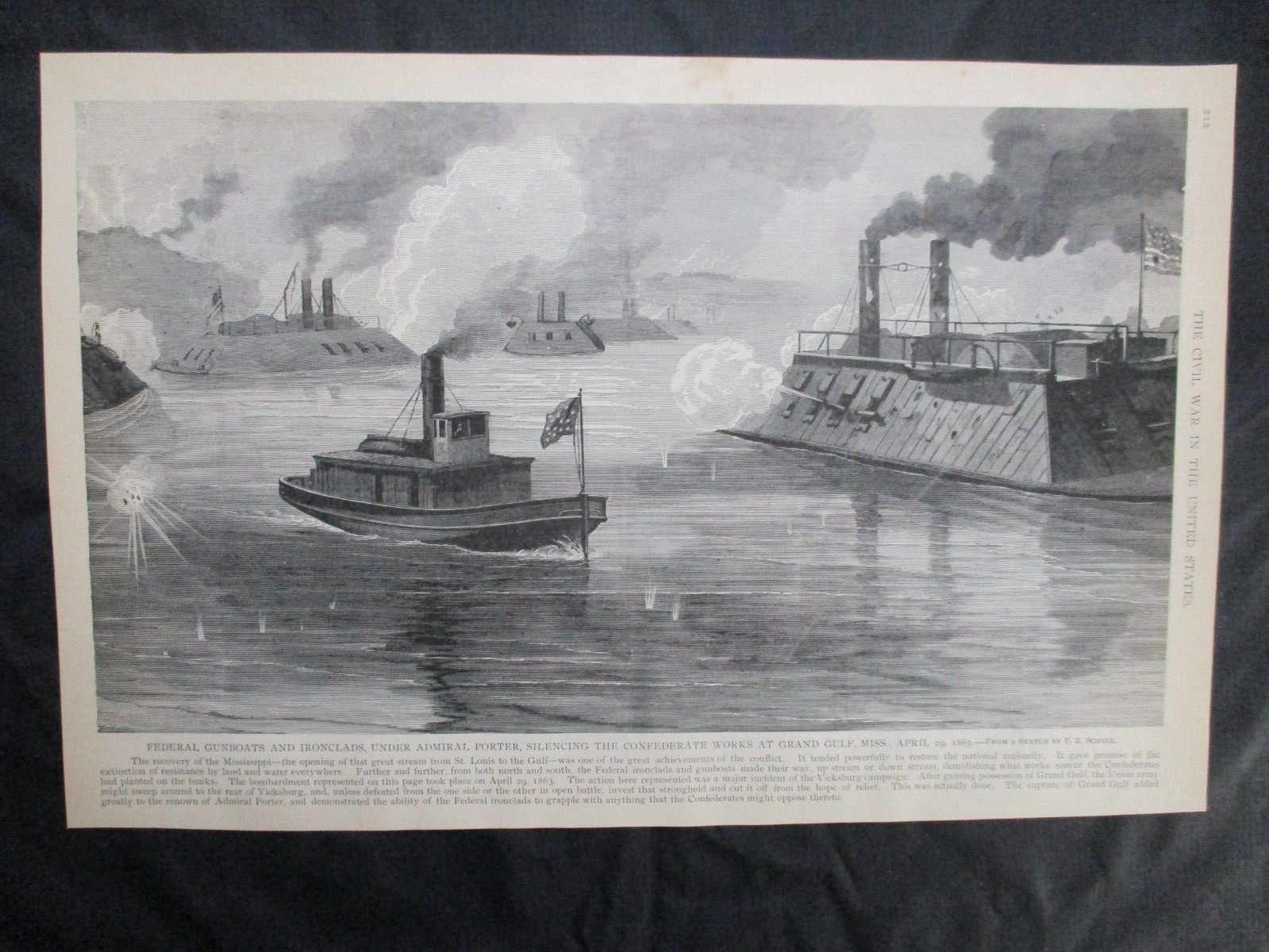 1885 Civil War Print- Gunboats Attack Confederate Works, Grand Gulf, Mississippi