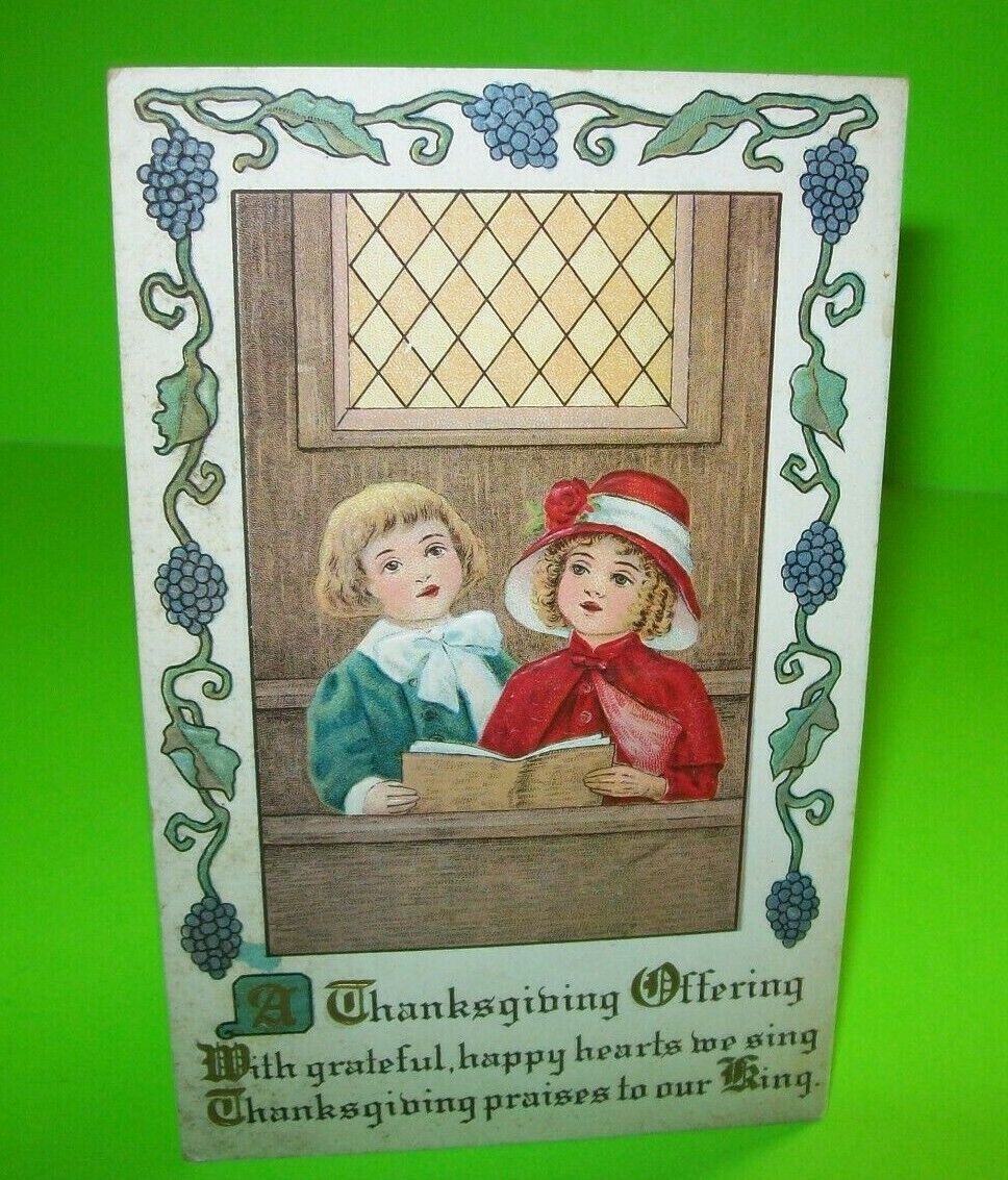 Thanksgiving Postcard Vintage Embossed Art Series 1003 Children In Church Pews