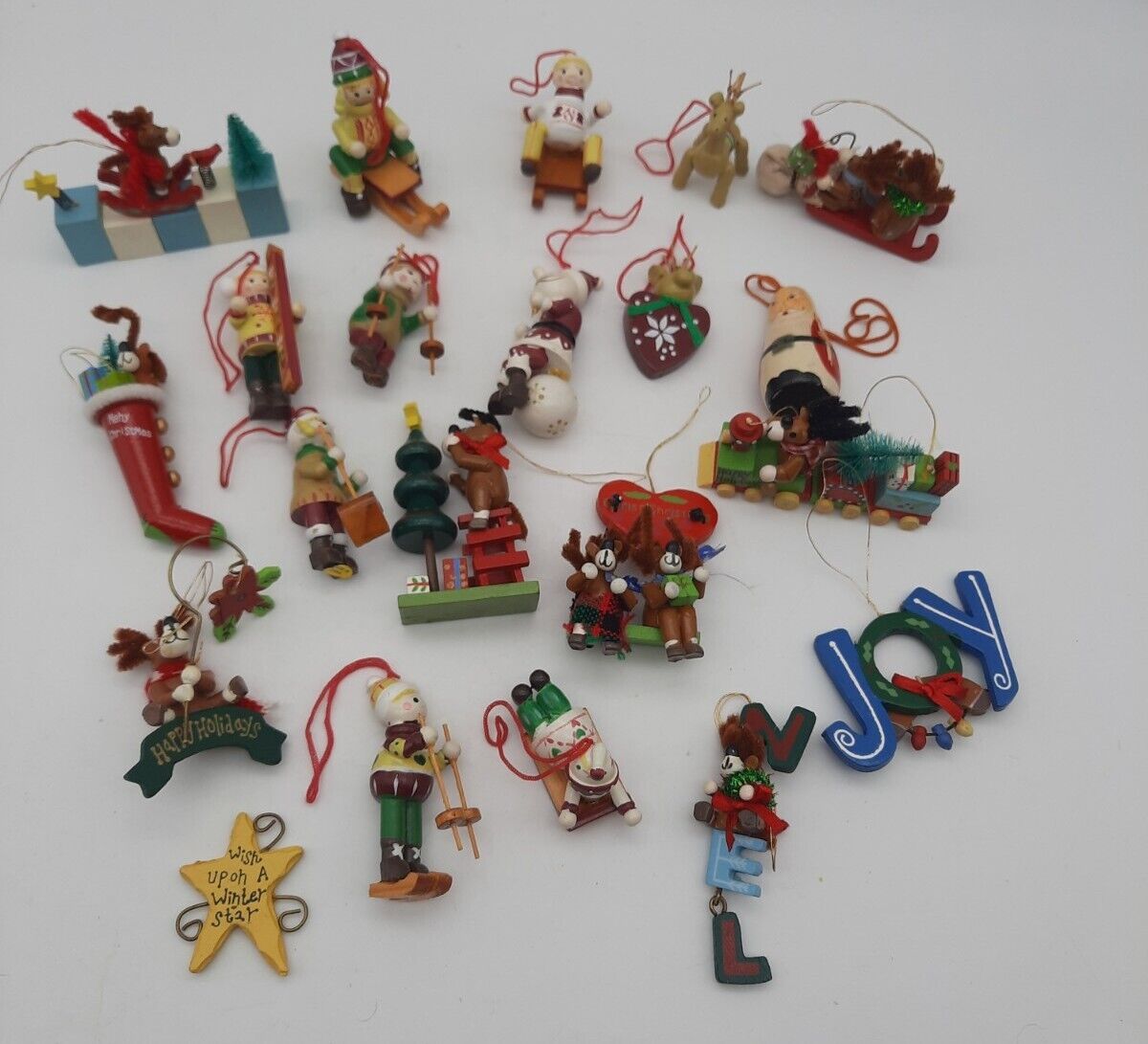 Vintage Miniature Wooden Christmas Tree Ornaments Hand Painted  1-3” Lot of 21