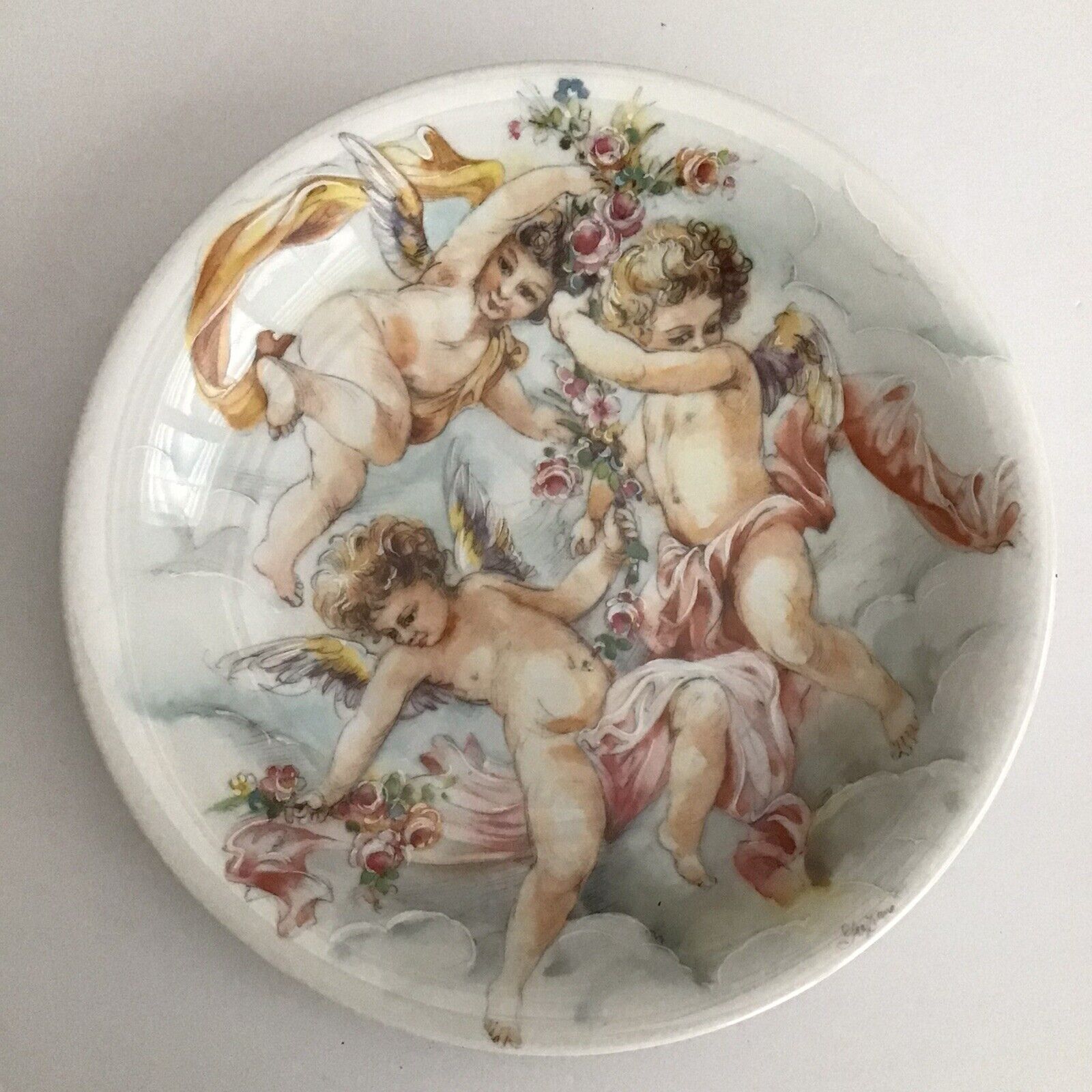 Gold Plated R. Limoges France Plate Dish 7.5” Hand Painted 3 Cherubs Porcelain