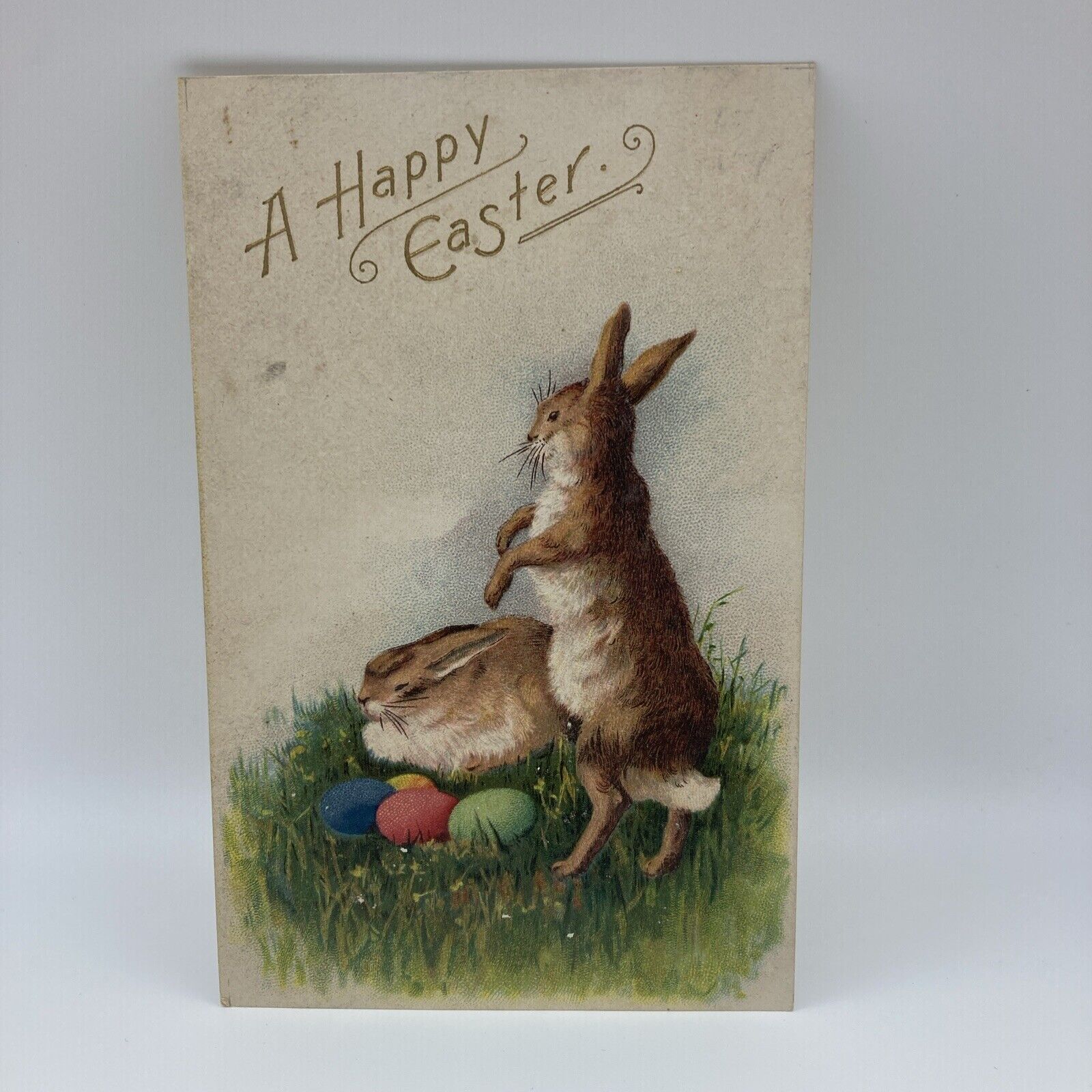 Vintage Postcard A Happy Easter, Rabbits With Colored Eggs