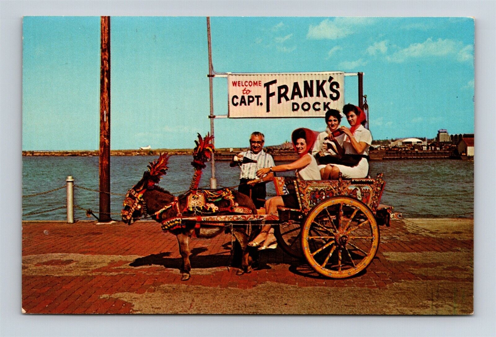 Postcard OH Cleveland Ohio Captain Frank\'s Seafood House Donkey Cart c1950s V21