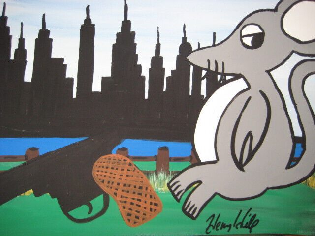 HENRY HILL GOODFELLA ORIGINAL PAINTING  RAT WITH GUN LOST IN CITY