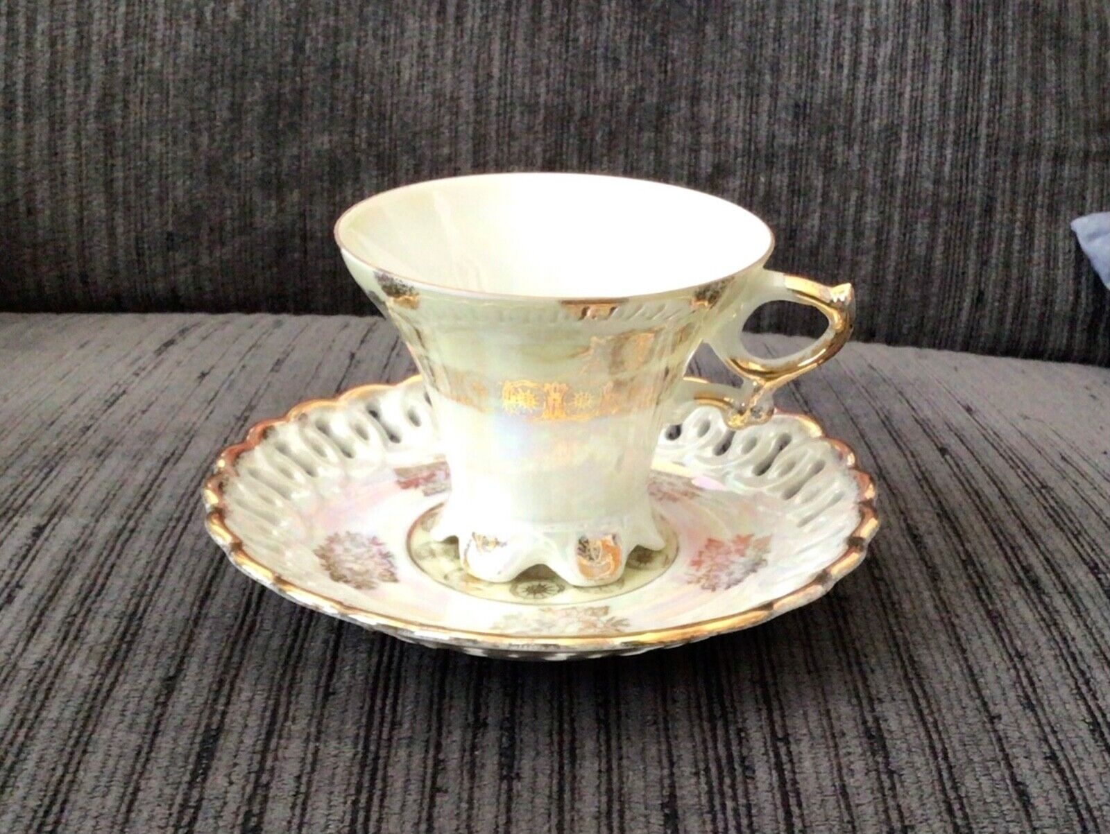 VINTAGE ROYAL CROWN TEA CUP & SAUCER  WHITE IRIDESCENT & GOLD 