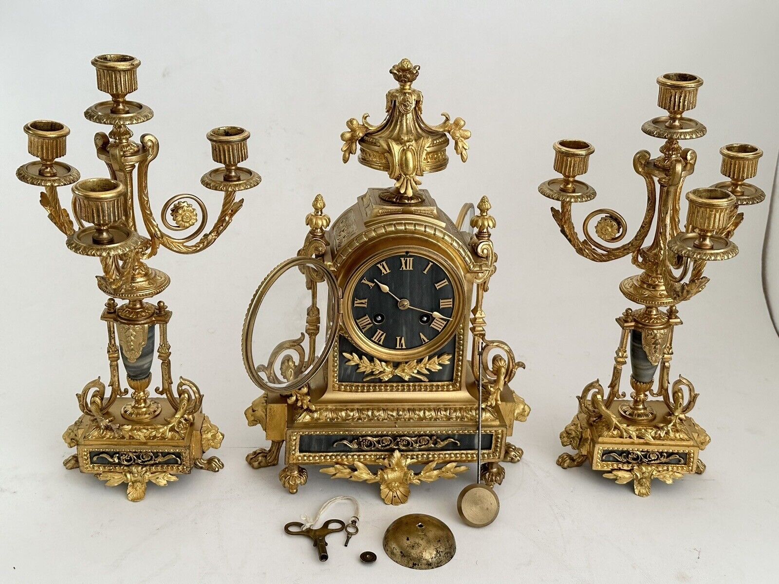 19th. Century Antique Dore Bronze & Marble French Clock & Pair Candelabra Set