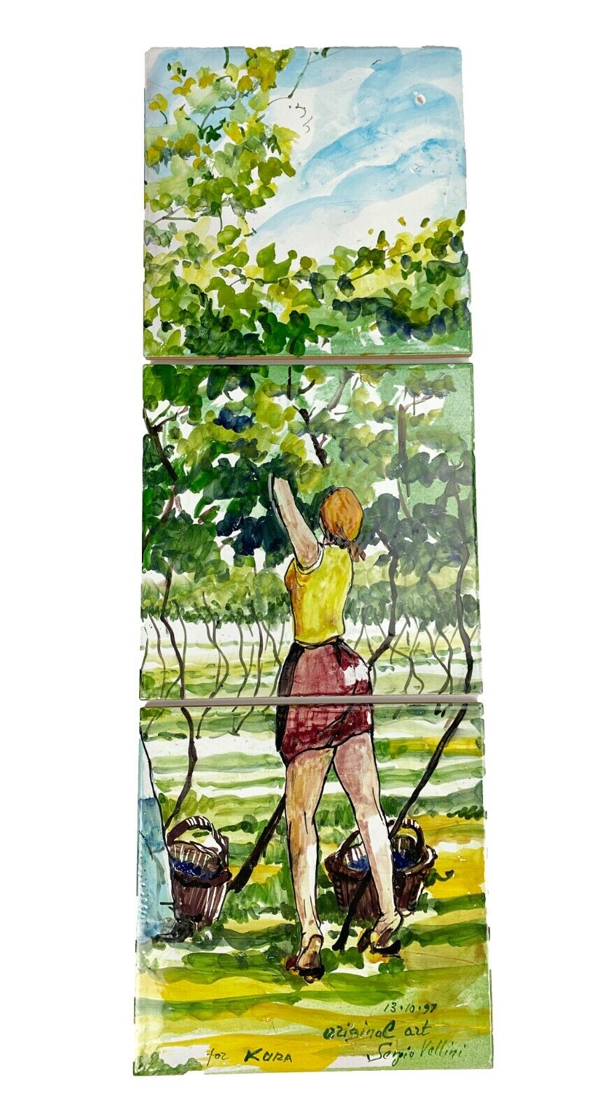 3 Tiles Lady Grape Harvest Vineyard Vtg 1997 Sergio Vellini Italy Wall Art 8x8