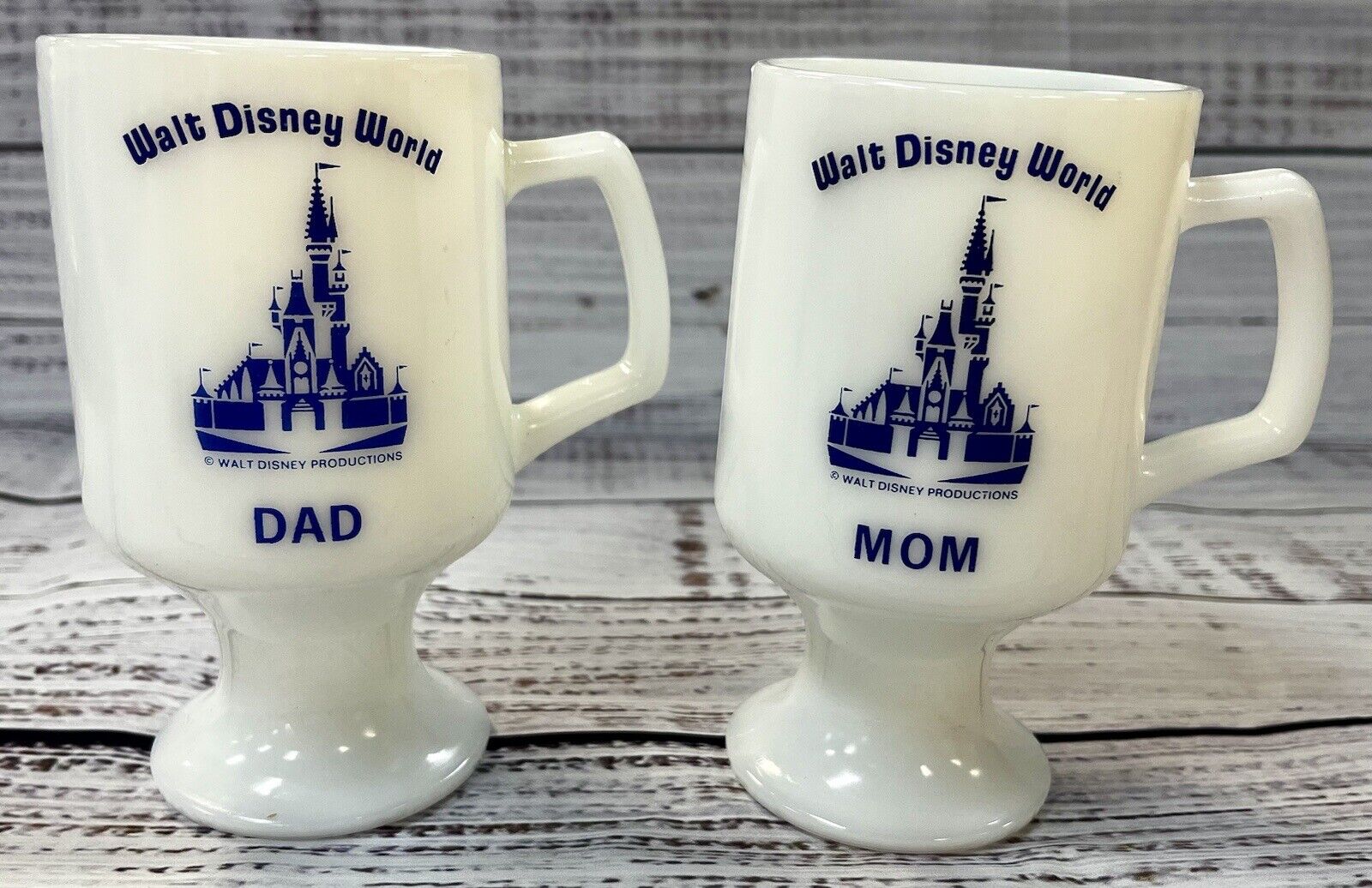 Vintage Walt Disney World Lot Of 2 Mom And Dad Mug White Milk Glass Footed Cup