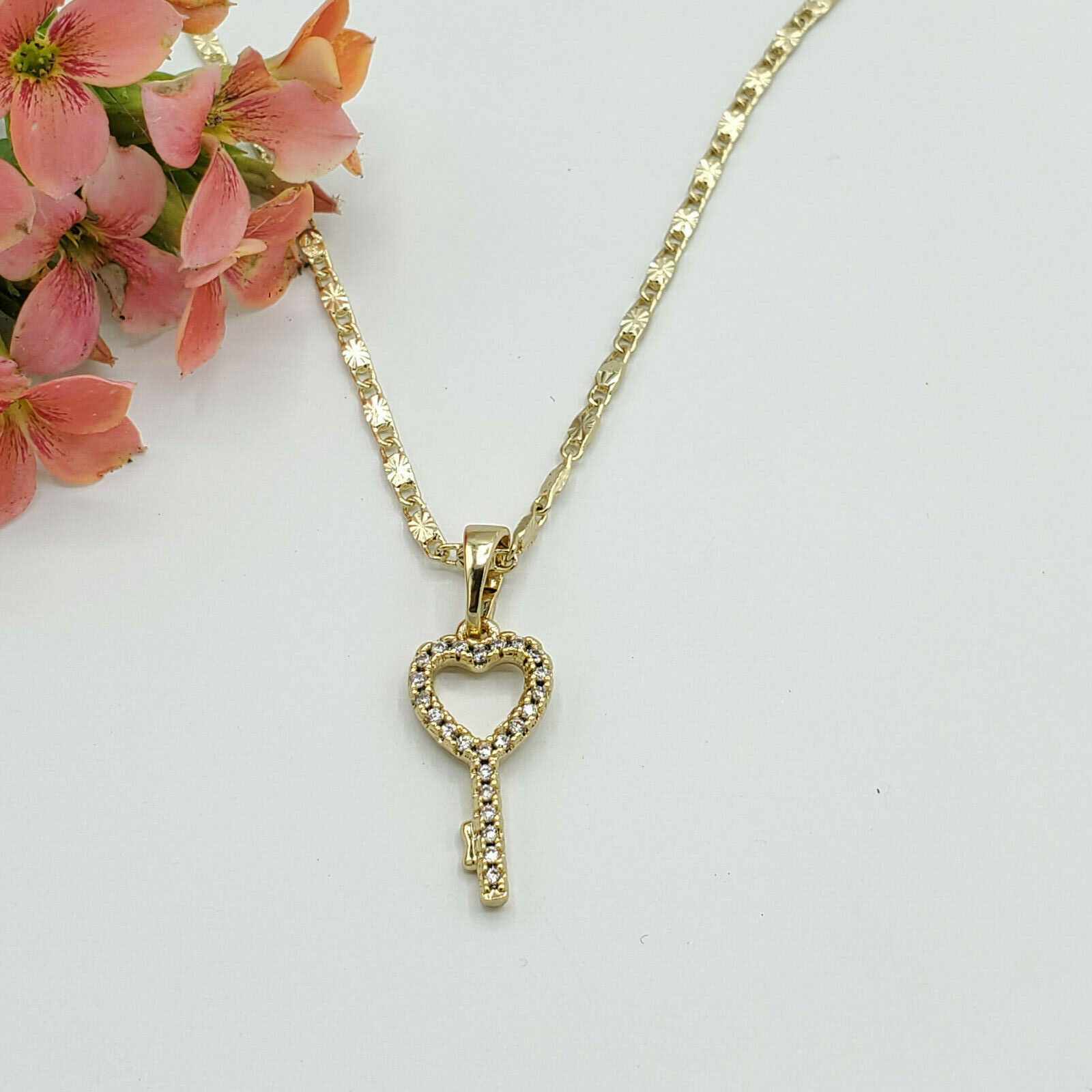 14K Gold Plated Elegant Love Heart Key Pendant Necklace. 520 Love Gift