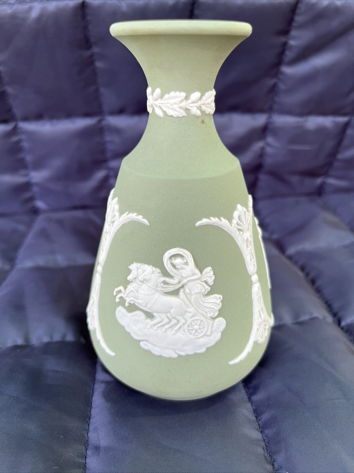 Nice Wedgwood Jasperware Celadon 5” Vase With 4 Beautiful Cameos