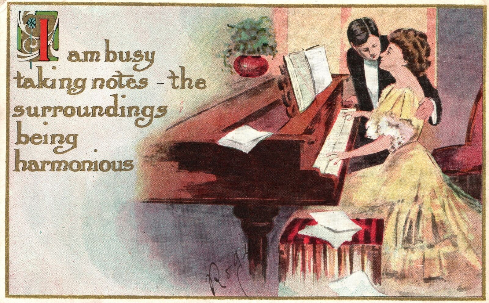 Vintage Postcard 1909 I Am Busy Taking Notes Being Harmonious Romance Couple Art