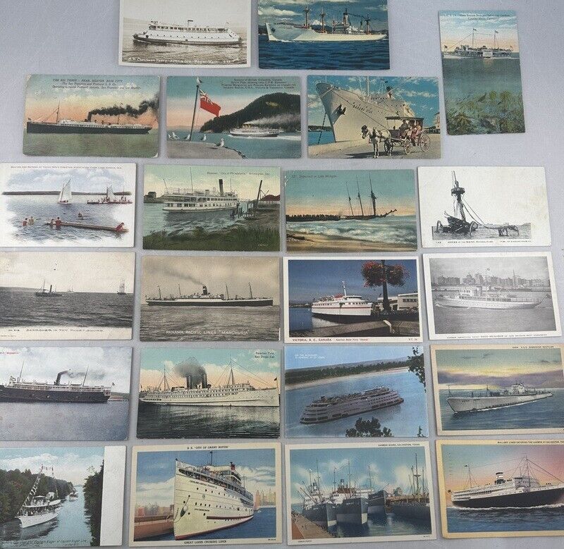 Large Lot of Antique Postcards (22) Boats Ships Ocean Liners Ferry Steamer