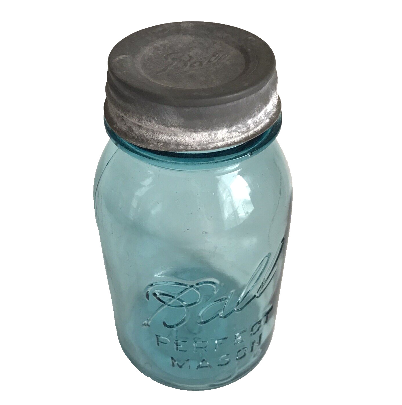 Vtg Blue Ball (no line) Perfect Mason Jar Quart (large #3) w Porcelain Zinc Lid