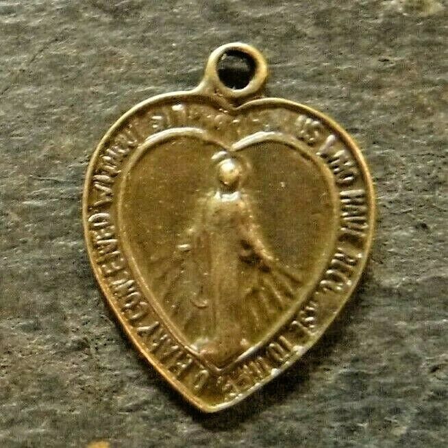 Bronze Tone Miraculous Medal Charm, Heart Shaped 
