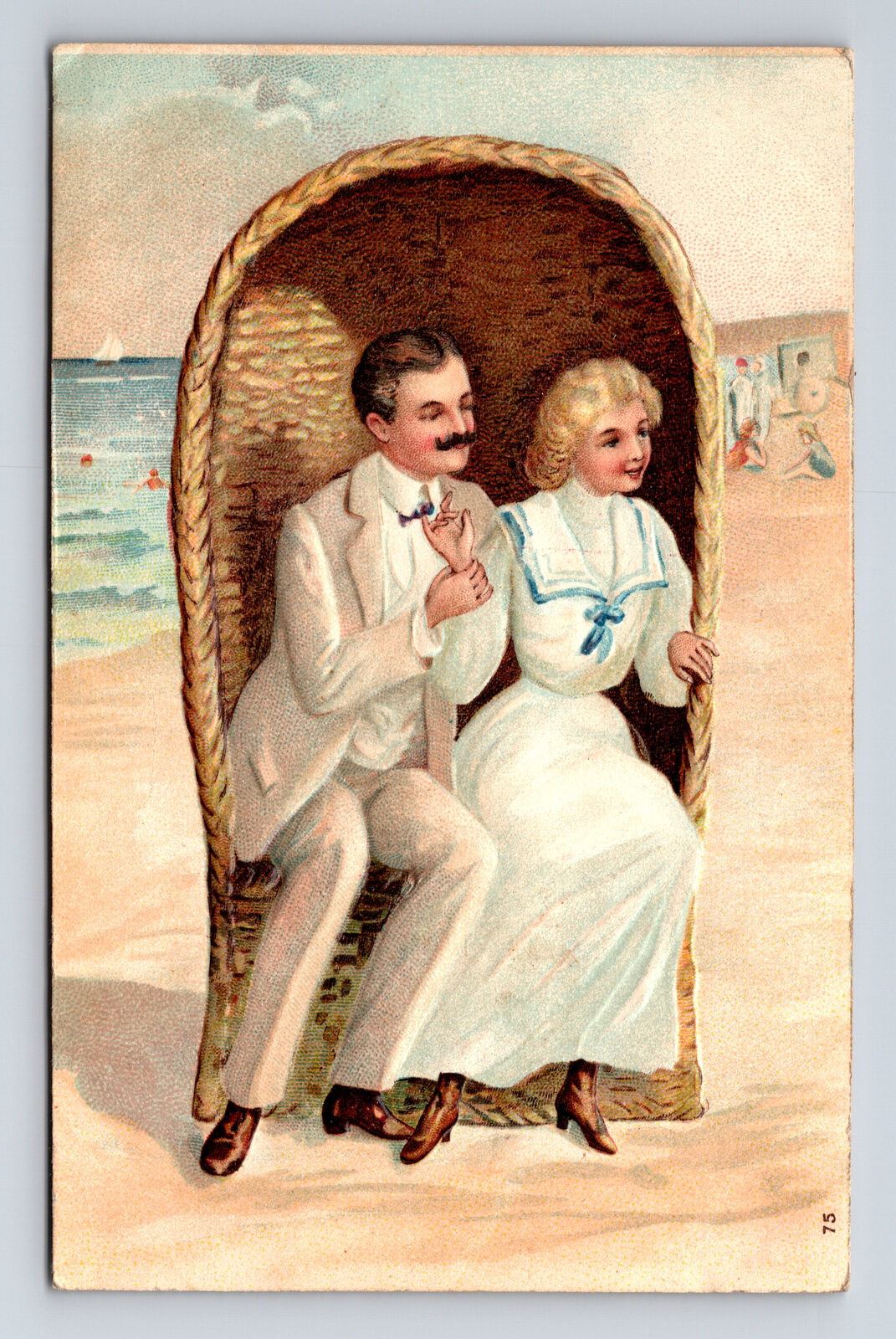 Romance Beach Wedding Man & Woman Pose in Wicker Couples Chair Postcard