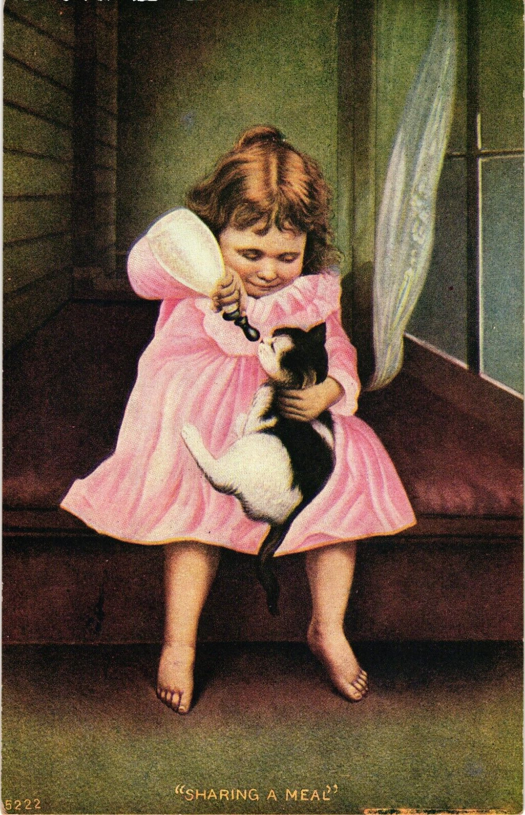 SHARING A MEAL Girl Pink Dress Bottle Feeds Kitten Postcard