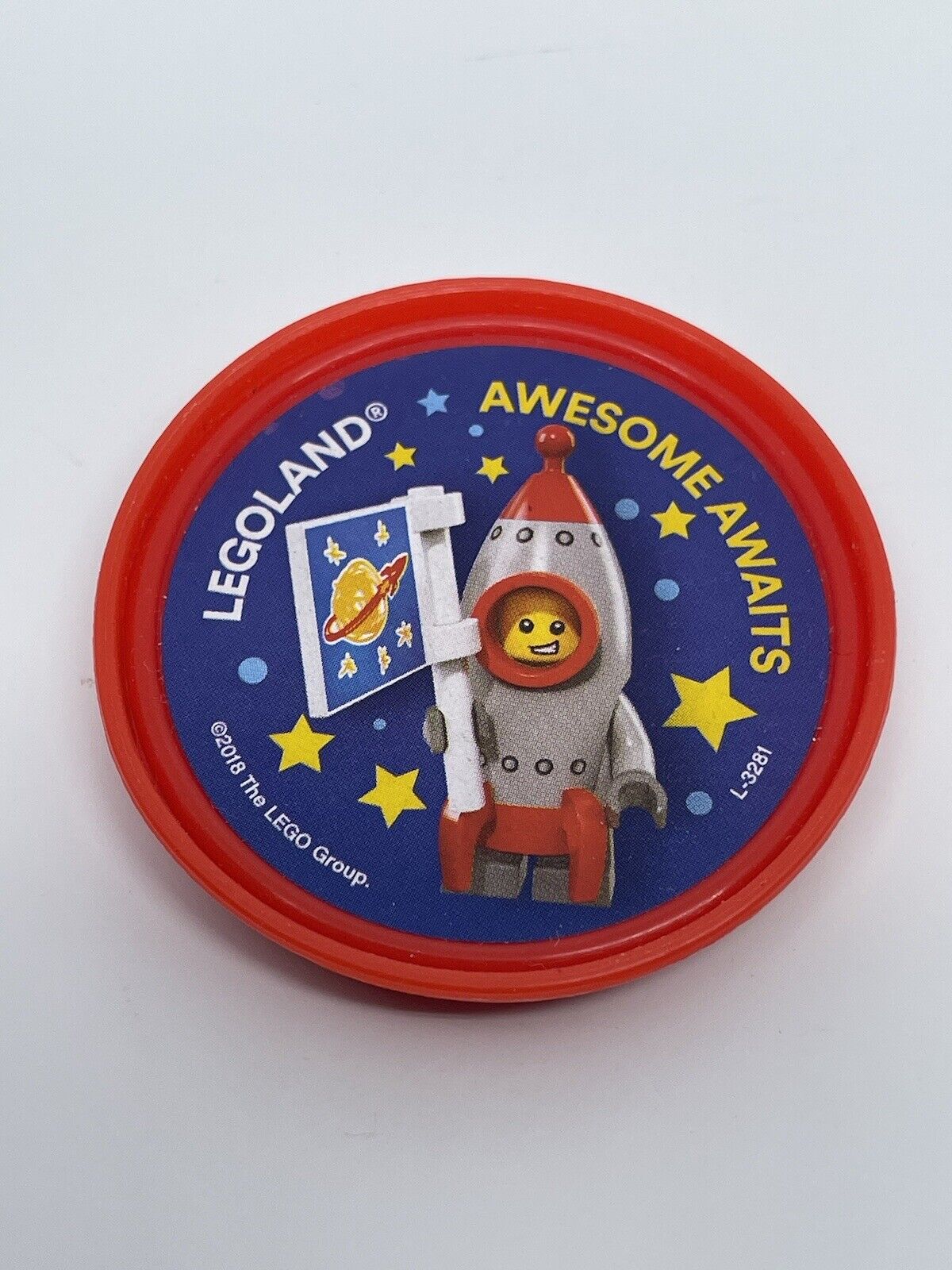 Official LEGOland California Pop Badge LEGOland Awesome Awaits Rocket Kid 2018
