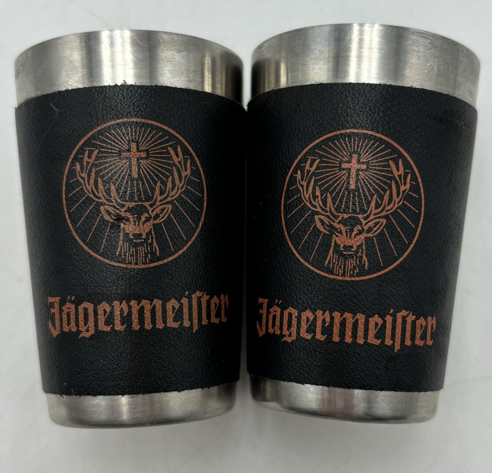 JAGERMEISTER Shot Glasses Stainless Steel Faux Leather Wrapped Lot of 2