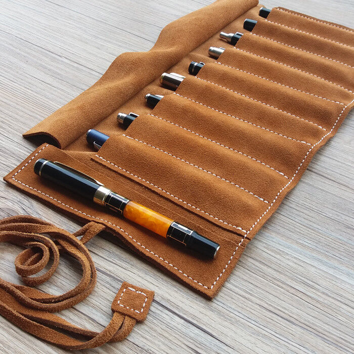 Pen Bag Roll up Pencil Case Pouch Brush Handmade Vintage Genuine Leather 9 slots