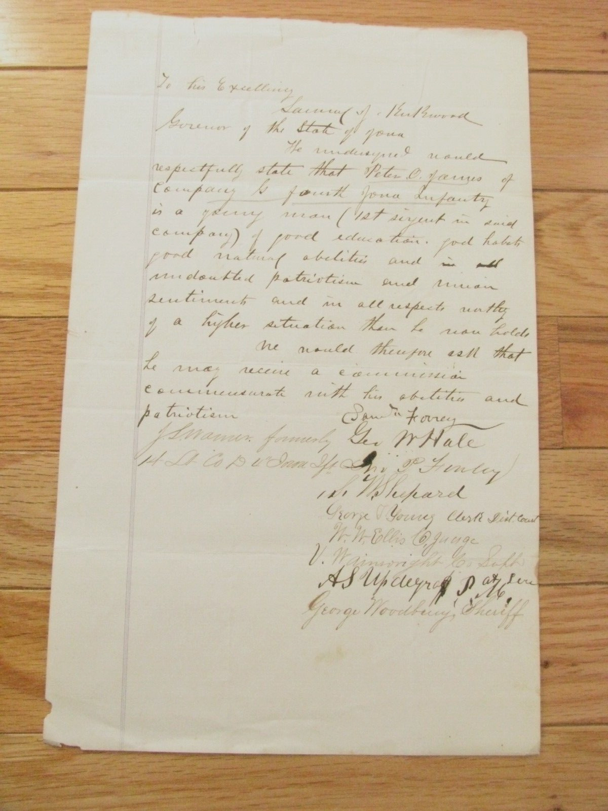 4th IOWA CIVIL WAR PROMOTION PETITION TO GOVERNOR KIRKWOOD 1864