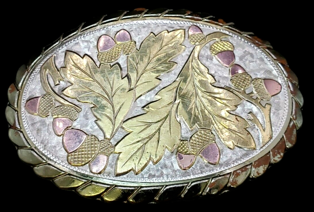 Western Ornate Tri Color Acorn Vintage Engraved Belt Buckle W USA