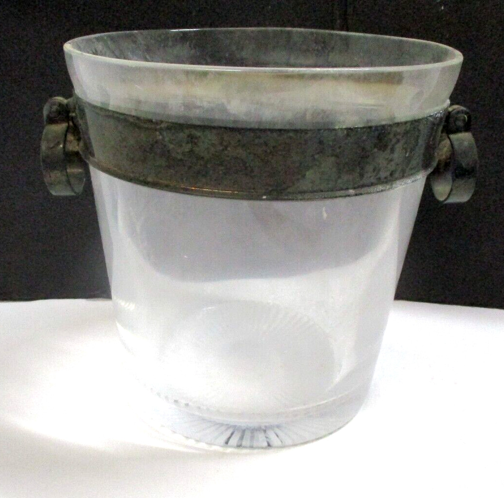 Vintage Heavy Glass Ice Bucket, Silverplate Rim