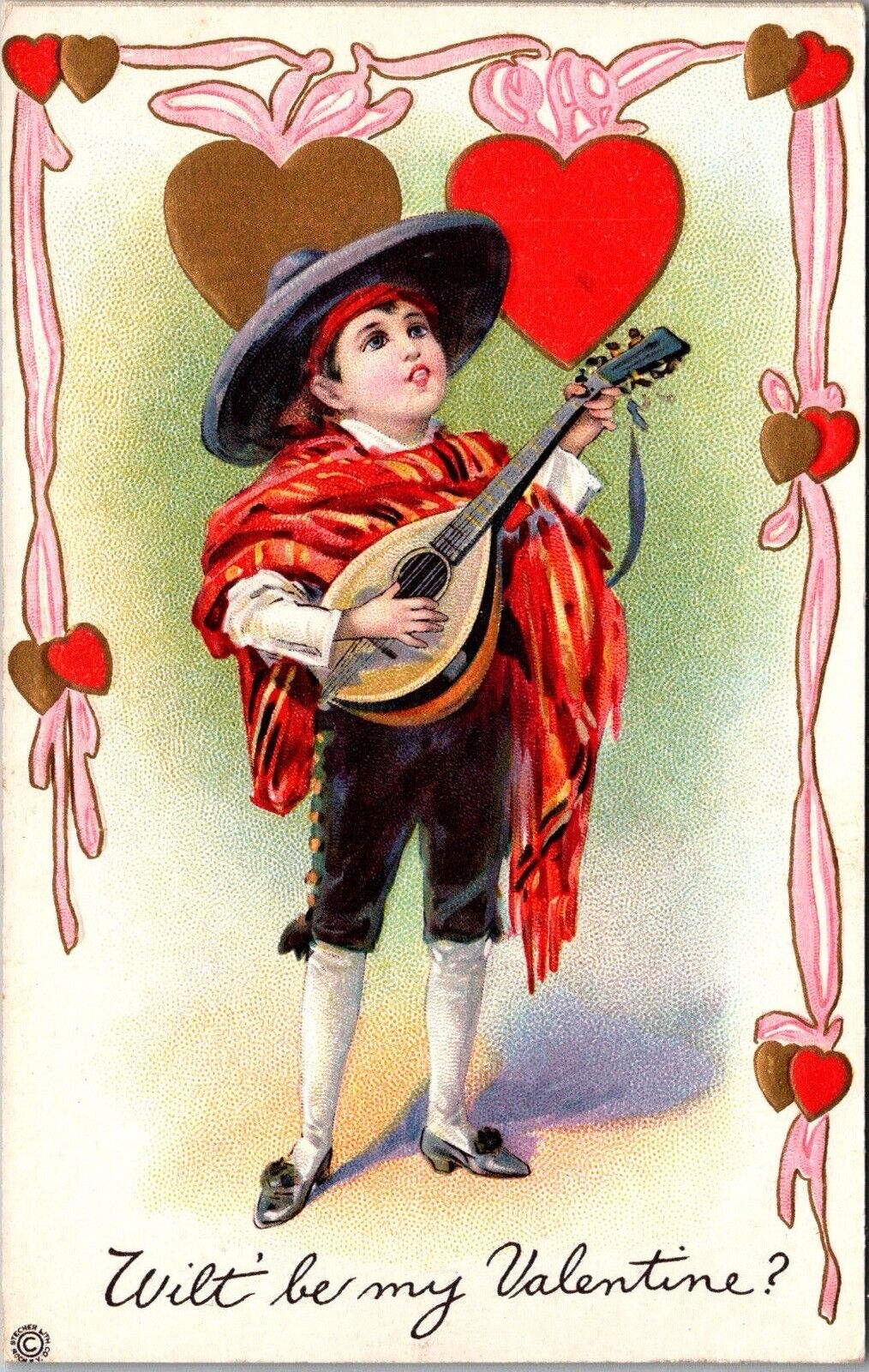 Stecher Valentine\'s Day troubadour serenade musician lute embossed c1910s JA31