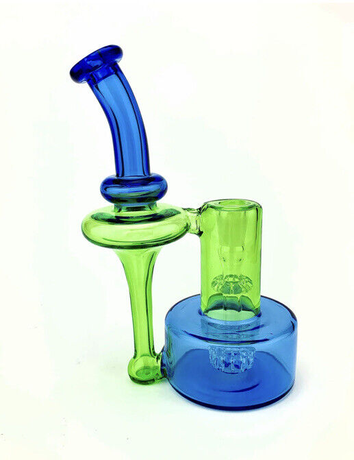 8.5” Blue & Green Double Perc Recycler Water Pipe Hookah Bubbler Bong￼ 14MM