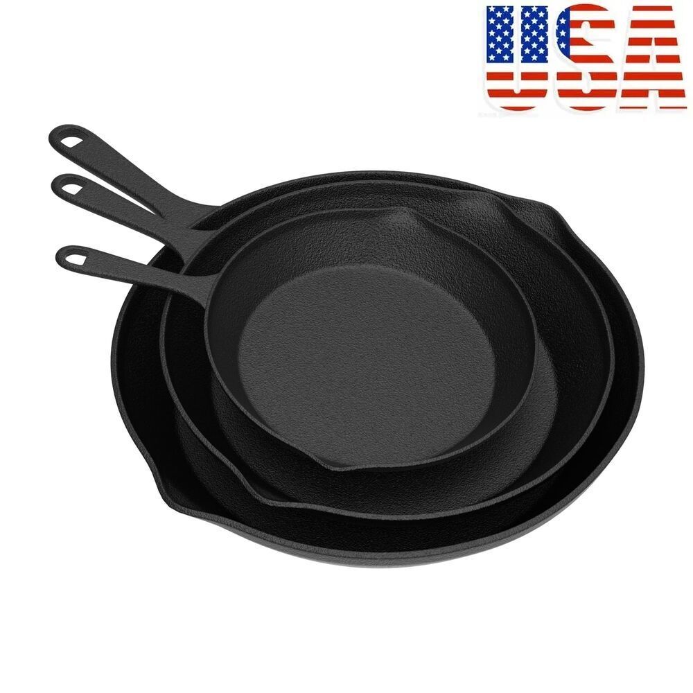Frying Pans-Set of 3 Cast Iron Pre-Seasoned Nonstick Skillets in 10”, 8”, 6” New