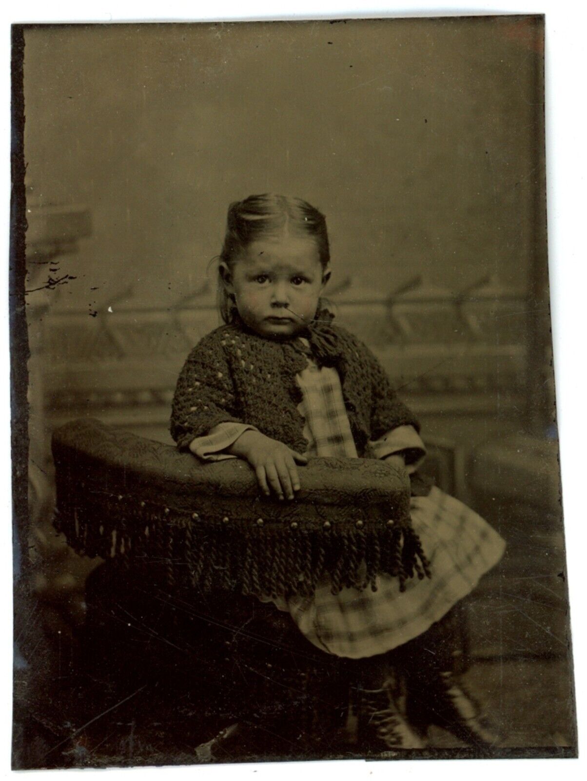 CIRCA 1860\'S  1/6th Plate TINTYPE Adorable Little Shy Toddler Girl in Dress