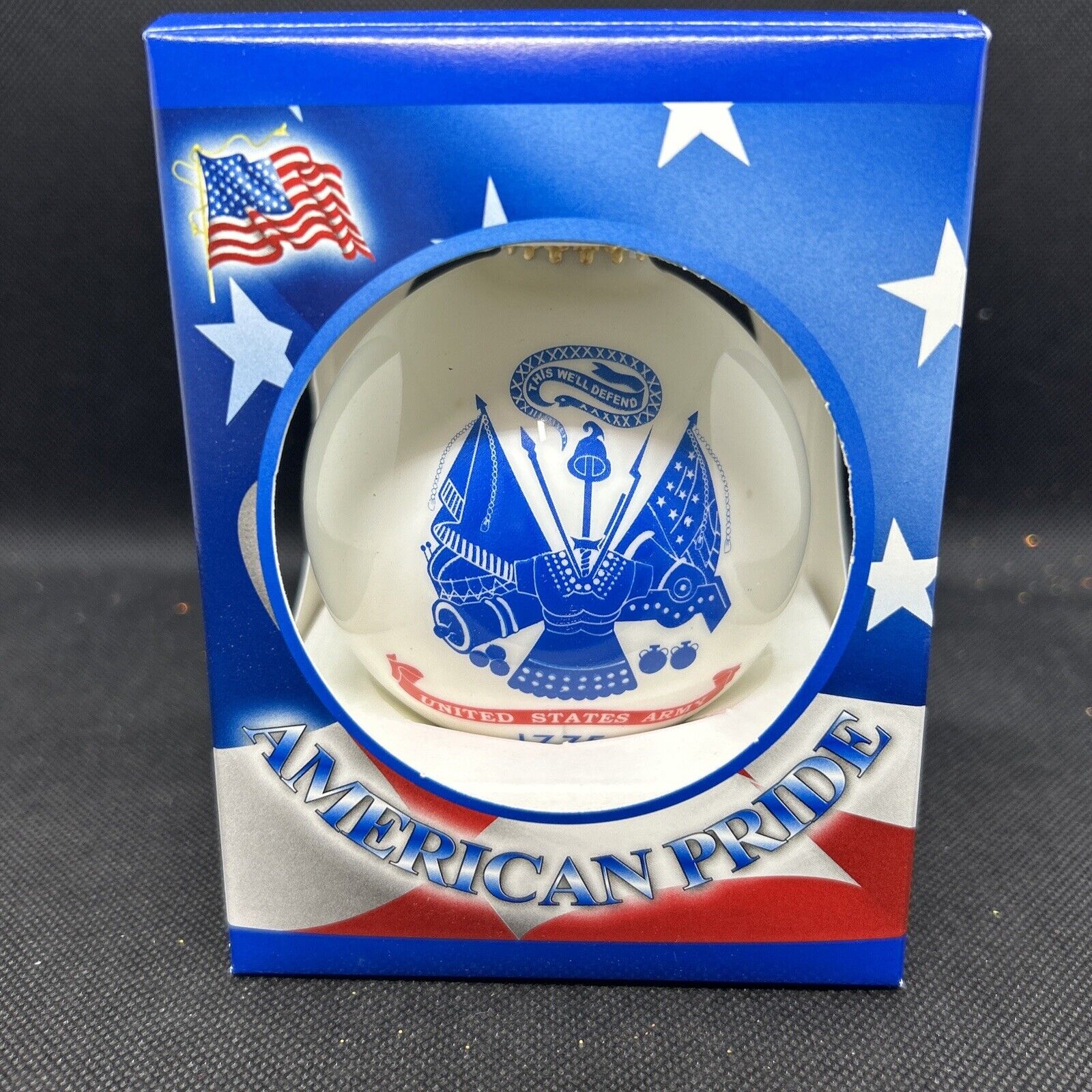 Porcelain White 3 1/4” Ball US Army Flag And Slogan NEW In Box