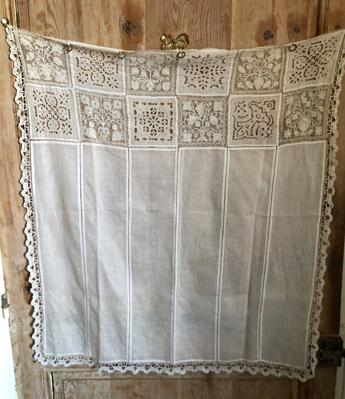 Antique French Edwardian Fine Cotton Cutwork Hand Lace Curtain Drape c1910