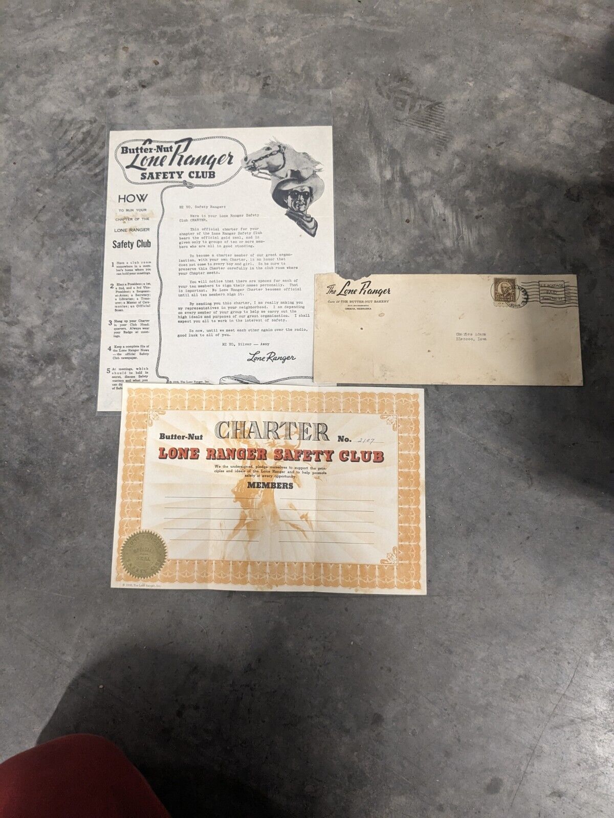 Rare  1938 Butter-Nut Lone Ranger Safety Club Charter, Envelope, Letter Original