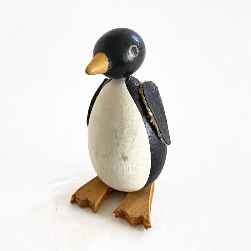 Wood Penguin Figurine Sweden 2.5in Leather Wings Bird Swedish