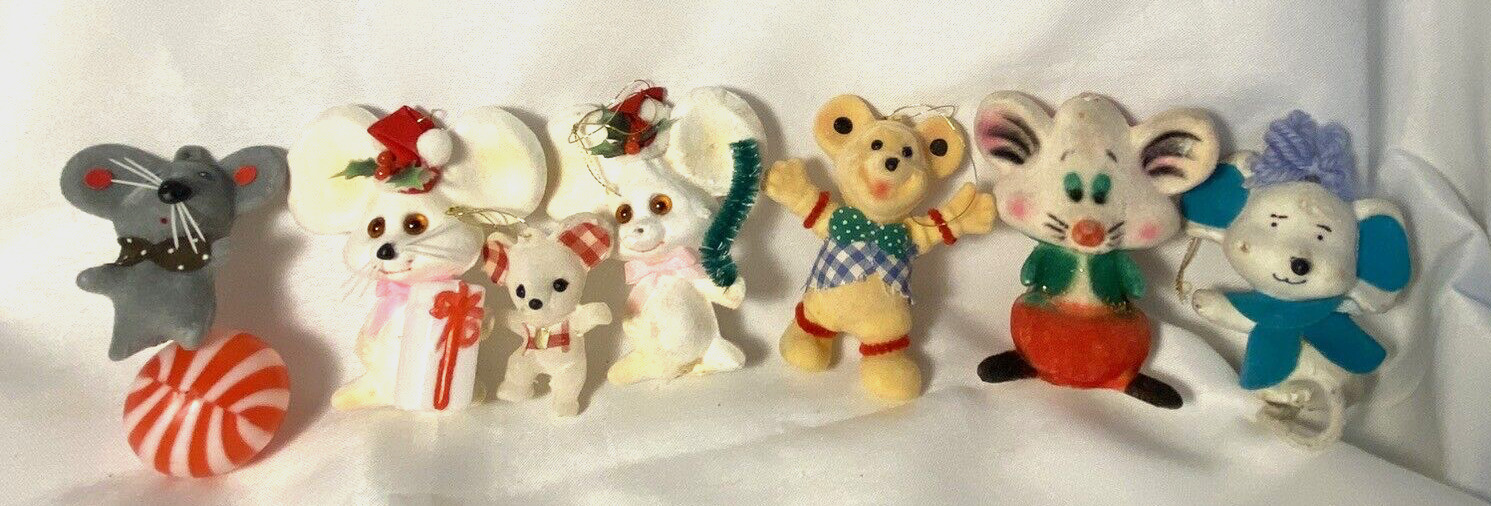 Vintage Lot of  7 Mice Mouse Christmas Ornaments Flocked & Fabric 2G